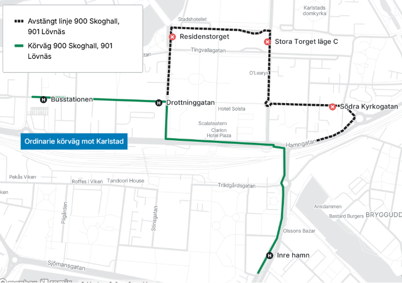 Karta som visar linje 900 och 901 körväg vid Stora torget.