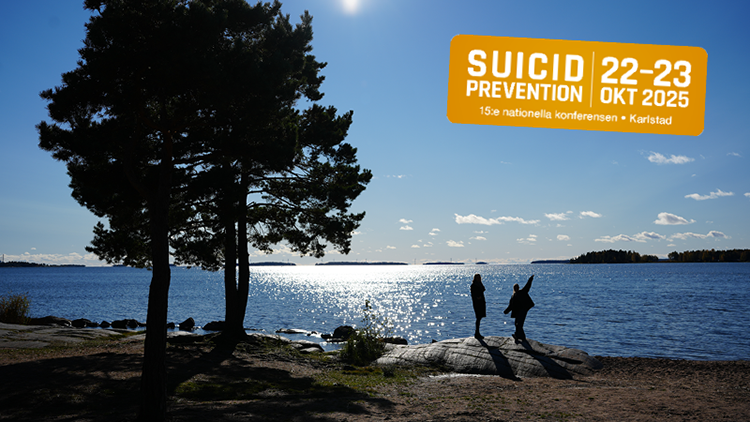 Två personer går längs Vänerns strand. Ett träd finns på stranden och ute i vattnet syns flera öar.