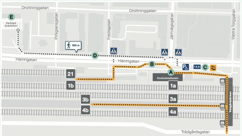 Karta över Karlstad Centralstation där gångvägarna till alla spår samt till busstationen visas.