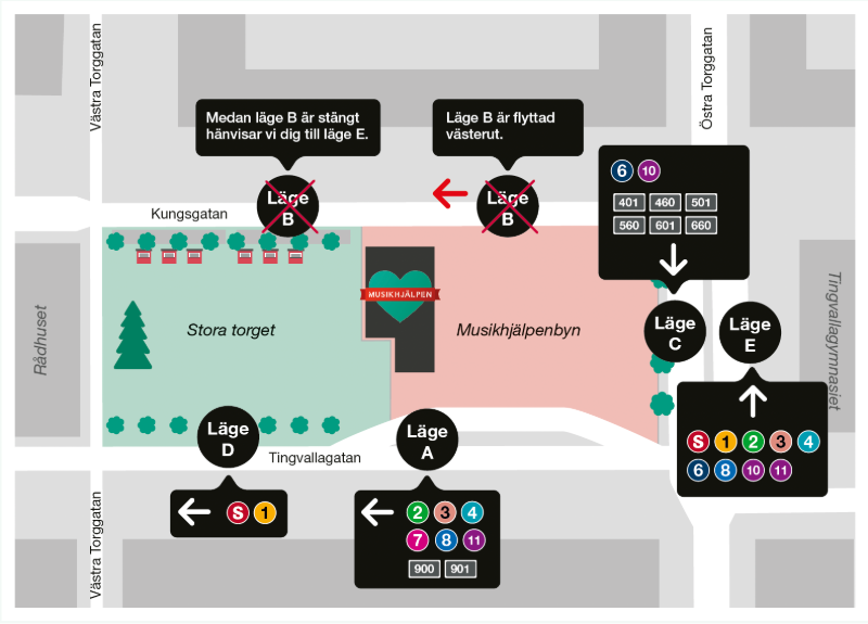 Kartan visar hållplatslägen på Stora torget i Karlstad under Musikhjälpen den 1 till 7 december