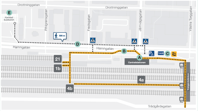 Karta över Karlstad Centralstation där gångvägarna till alla spår samt till busstationen visas.
