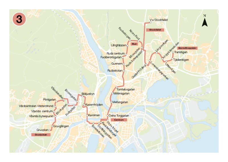 Linjedragning för linje 3. Västra Stockfallet/Norra Kroppkärr - Rud – Centrum - Våxnäs - Gruvlyckan 