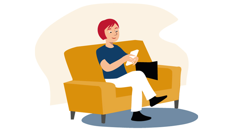 Illustration av person som tittar på mobiltelefon. Personen ser nöjd ut.