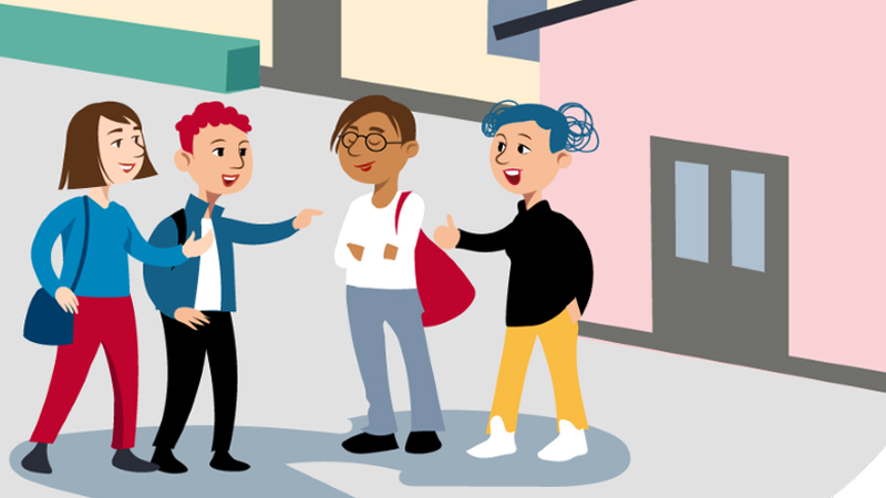 Illustration av elever utanför skola. 