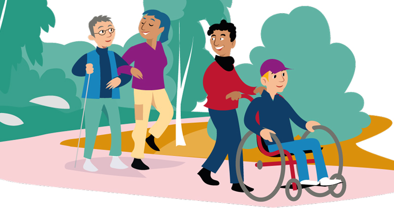 Illustration av personer som vandrar i skogen.
