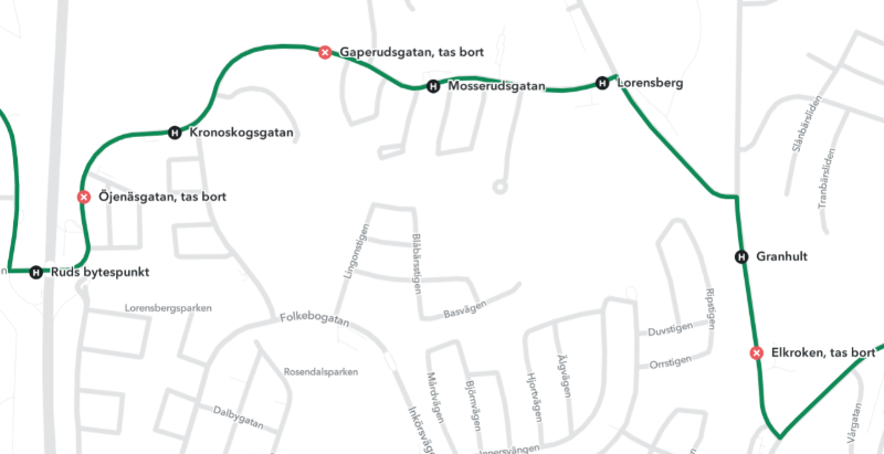 Kartan visar hållplatserna mellan Ruds bytespunkt och nuvarande hållplats Elkroken. Kartan visar att hållplats Öjenäsgatan, Gaperudsgatan och Elkroken tas bort. Ruds bytespunkt, kronoskogsgatan, Mosserudsgatan, Lorensberg och Granhult är kvar.