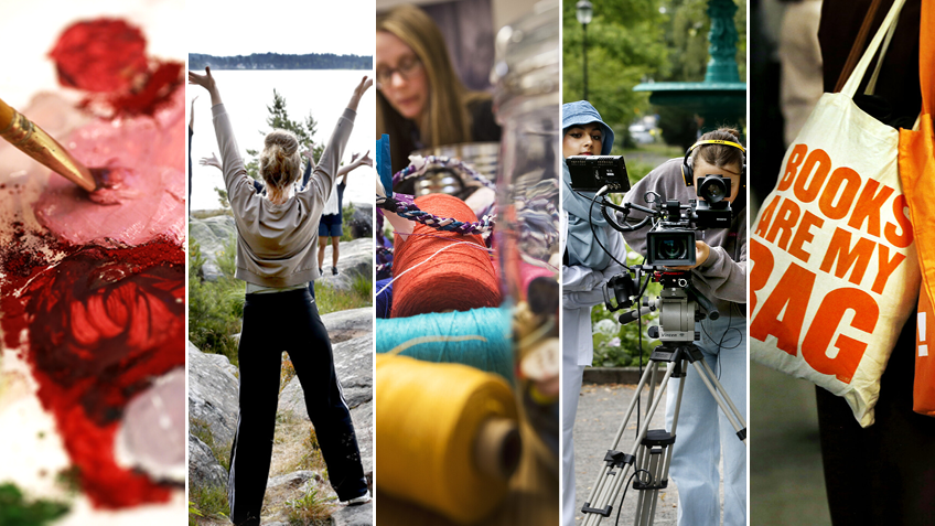 Kollage med färgpalett, dansare, sytråd, filmare och tygkasse.