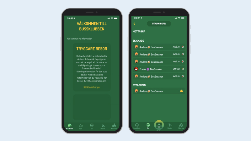 Från appen Bussklubben som visar hur notiserna ser ut.