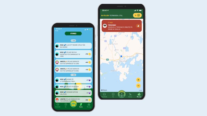 Två iphones som visar Bussklubben, ena mobilen med notiser och andra mobilen visar funktionen buss på karta.