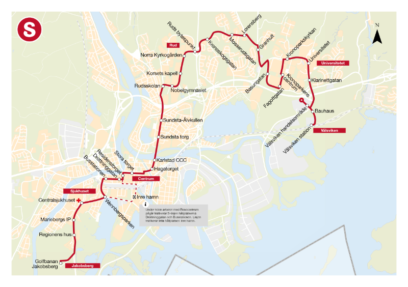 Karta över S-linjens dragning augusti 2025. Välsviken - Universitetet – Kronoparken – Rud – Centrum – Sjukhuset – Jakobsberg 