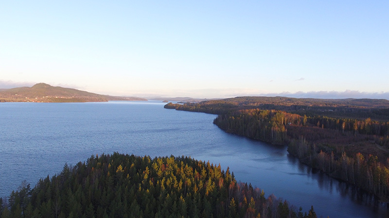 Bild tagen från hög höjd över sjön Fryken. Vatten och skog.