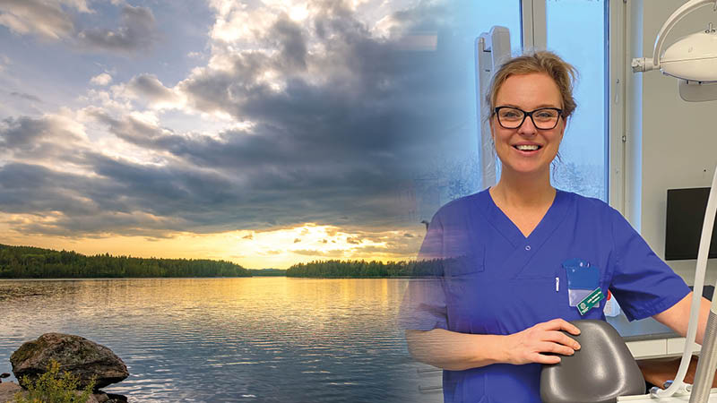 bild på solnedgång över en sjö smälter ihop med en bild på Linda när hon jobbar i behandlingsrummet