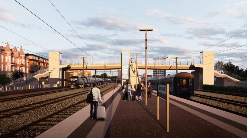 Skissbild från White Arkitekter över järnvägsspår, tåg och mittperrong på den kommande resecentrum i Karlstad. I bakgrunden syns även Trädgårdslänken som är en blivande gångbro över spåren.