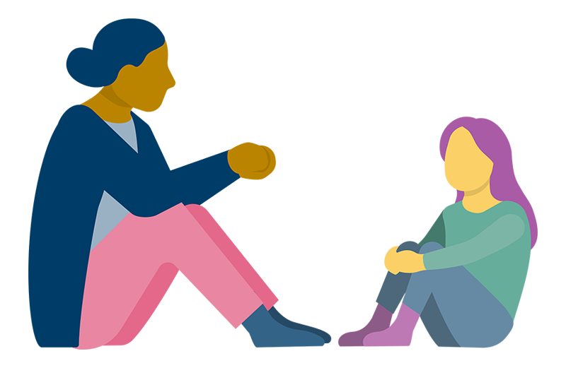 Illustration med en vuxen och ett barn som sitter ner på golvet för att prata.