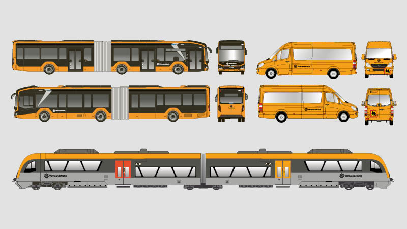 Exempel på fordon med Värmlandstrafiks design.