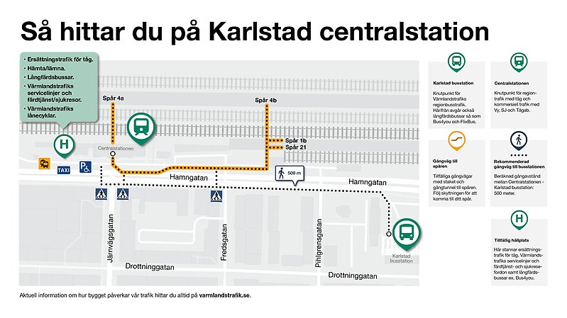 Karta över Centralstationen i Karlstad som visar gångvägarna till spår 1b, 4a, 4b och 21.