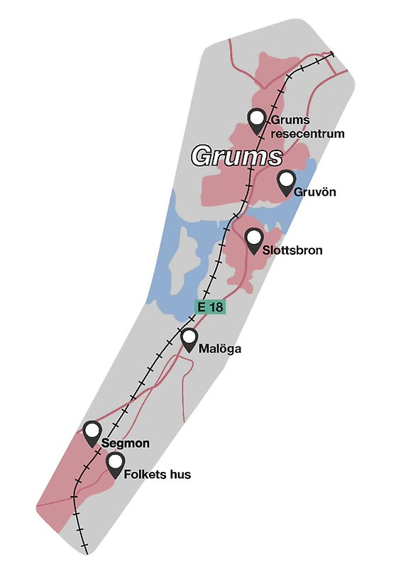 Karta som visar området som X-linjen täcker. Några av centralpunkterna är Grums resecentrum, Gruvön, Slottsborn, Malöga, Segmon och Folkets hus vid Segmon.