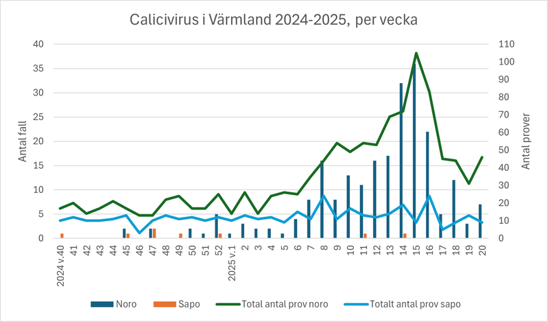 Diagram över antal fall av calici (vinterkräksjuka) i Värmland under säsongen 2024-2025.