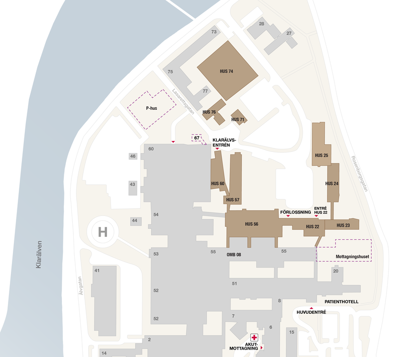 Karta över Centralsjukhuset Karlstad där byggnader som kommer att rivas är markerade.