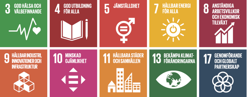 Globala mål 3,4,5,7,8,9,10,11,13 och 17.
