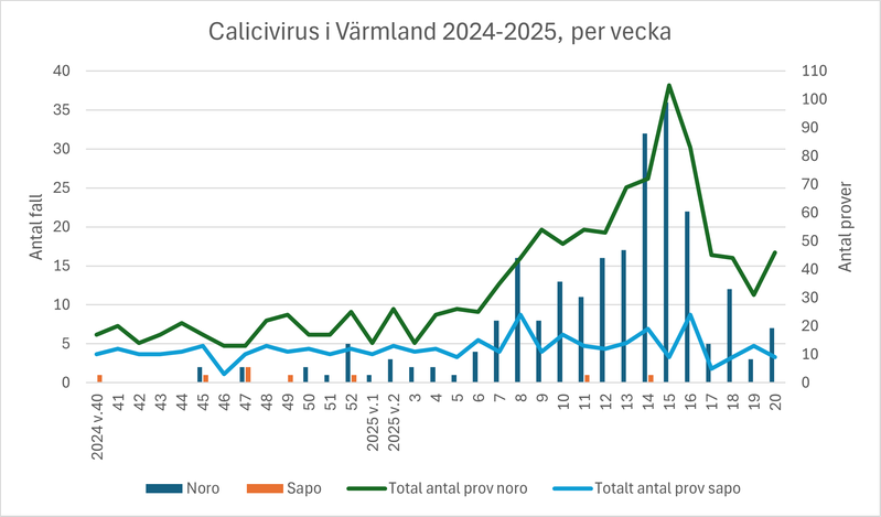 Diagram över antal fall av calici (vinterkräksjuka) i Värmland under säsongen 2024-2025.