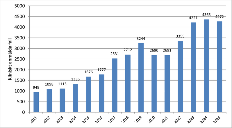Diagram som visar antal fall av gonorré i Sverige per år 2011-2025.